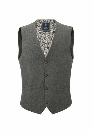 Gray wool vest with a V-neck, featuring six buttons and two side pockets. Floral-patterned lining in shades of purple and white.