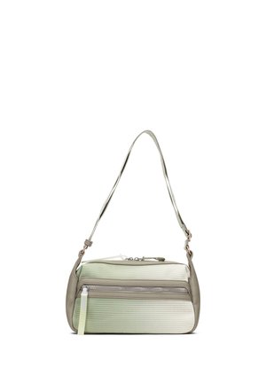 Kleine rechteckige Schultertasche in grün-beige Farbverlauf mit Frontreißverschlusstasche und verstellbarem Schulterriemen.