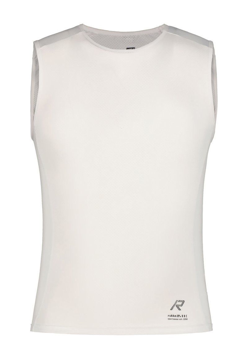 Hvid ærmeløs sportsshirt lavet af åndbart materiale, med et mesh-design, rund halsudskæring og en diskret brandlogo nederst til højre.