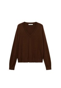 Pull marron en maille à manches longues avec un col en V profond et des poignets et un bas côtelés, présenté sur fond blanc.