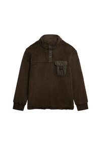 Brun fleece pullover med høj krave, trykknaplukning og brystlomme. Har ribbede manchetter og et blødt tekstureret stof.