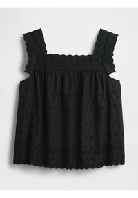 Svart utanärmad blus med breda axelband, ögonformad blomstermönster, scallopade kanter och rynkad tyg under oket.