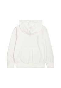 Felpa bianca con cappuccio, dal tessuto morbido e liscio, con polsini e orlo a coste e un design semplice, senza grafiche o motivi.