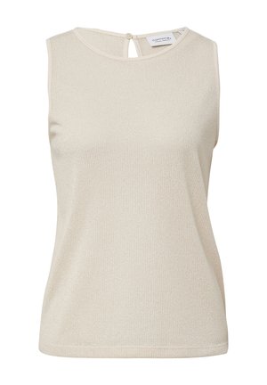 Helle beige ärmellose Bluse aus strukturiertem Stoff, mit Rundhalsausschnitt und einer Schlüssel-Detailöffnung am Rücken mit Knopfverschluss.