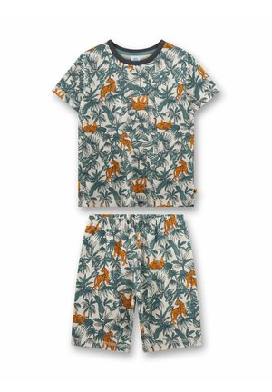 Ensemble chemise à manches courtes et short pour enfants avec feuilles tropicales vertes et imprimé tigre orange sur fond clair.