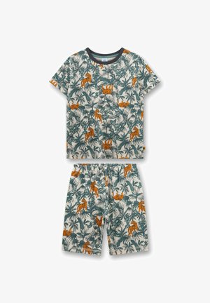 Completo bambino con maglietta a maniche corte e pantaloncini con foglie tropicali verdi e stampa di tigre arancione su sfondo chiaro.