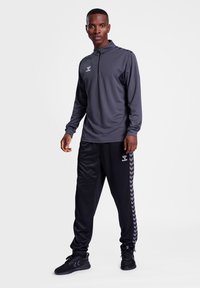 Grå långärmad träningströja med kvartdragkedja, kombinerad med svarta byxor som har ett chevronmönster längs sidorna.