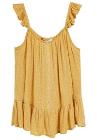 Top sin mangas amarillo con tirantes con volantes, lunares blancos, cierre de botones en la parte delantera y dobladillo con volantes, hecho de una tela ligera.