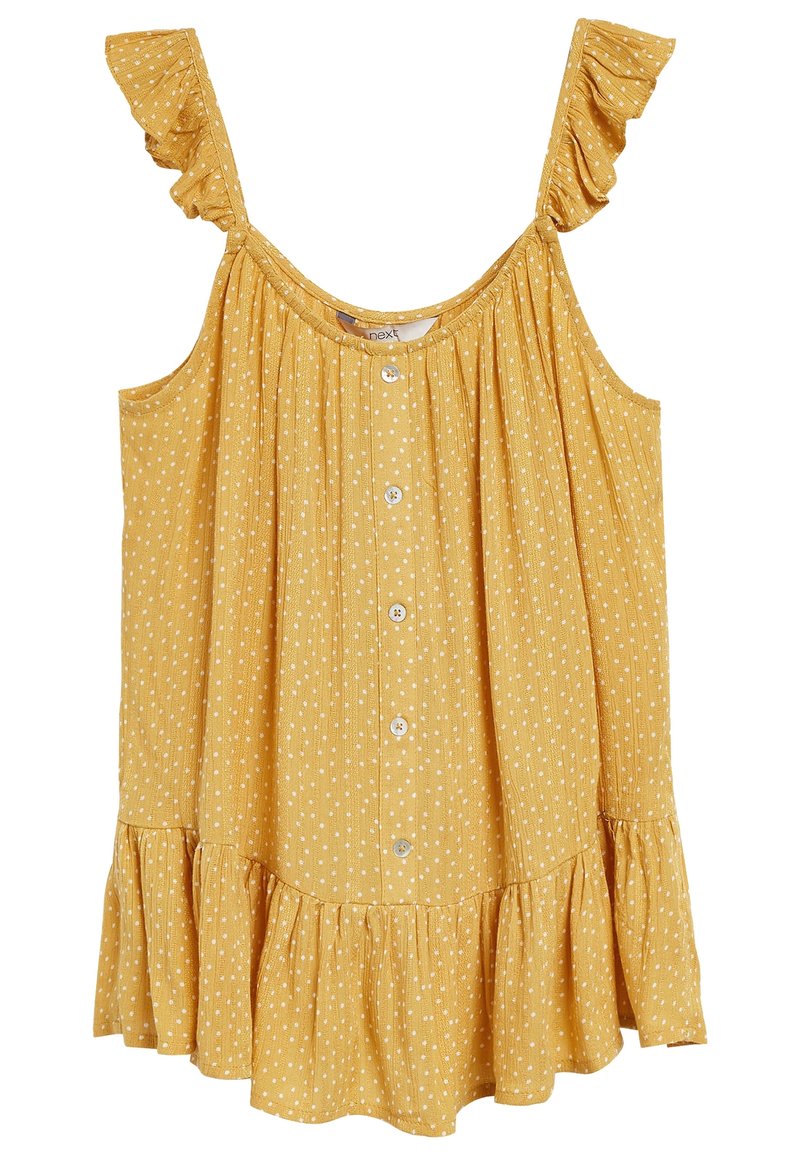Top sin mangas amarillo con tirantes con volantes, lunares blancos, cierre de botones en la parte delantera y dobladillo con volantes, hecho de una tela ligera.