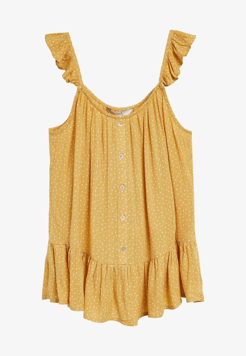 Top giallo senza maniche con spallina arricciata, pois bianchi, chiusura con bottoni e orlo arricciato, realizzato in tessuto leggero.