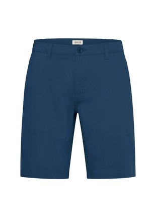Námořnické modré šortky vyrobené z lehkého materiálu, s knoflíkovým zapínáním, poutky na opasek a čistým, dobře padnoucím designem bez viditelných vzorů.