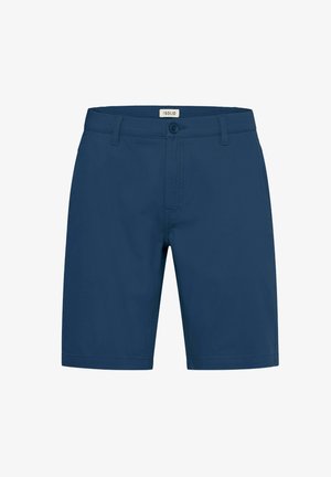 Pantalones cortos azul marino hechos de una tela ligera, con cierre de botón, trabillas para cinturón y un diseño limpio y ajustado sin patrones visibles.