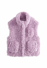 Lila pälsväst med hög krage, dragkedja fram och två texturerade fickor. Materialet ser mjukt och fluffigt ut med en mysig design.