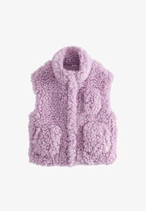 Violeta krāsa kažokādas veste ar augstu apkakli, priekšējo rāvējslēdzēju un divām teksturētām kabatām. Materiāls izskatās mīksts un pūkains ar ērtiem dizaina elementiem.