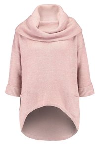 Miękki różowy sweter dzianinowy z szerokim kołnierzem, rękawami do trzech czwarte i asymetrycznym hemem.