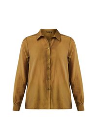 Langärmliges, senfgelbes Karohemd mit Kragen, aus einem glatt strukturierten Stoff, auf einem weißen Hintergrund präsentiert.