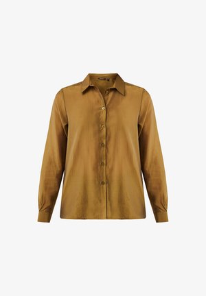 Katoenen, mosterdbruine, lange mouw overhemd met kraag, gemaakt van gladde, textuurstof, gepresenteerd op een witte achtergrond.