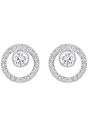 Silver stud earrings with a large central round clear gemstone surrounded by a circle of smaller clear gemstones.