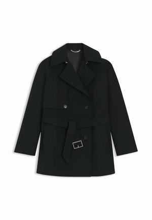 Cappotto trench nero con design doppiopetto, colletto ampio, vita con cintura e due tasche frontali. Tessuto liscio e vestibilità su misura.
