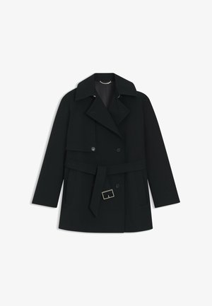 Black trench coat with a double-breasted design, wide collar, belted waist, and two front pockets. Smooth texture and tailored fit.