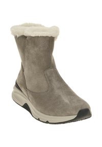 Grijze suede enkellaars met een witte nepbont voering, ronde neus en een gevoerde beige zool voor comfort en ondersteuning.