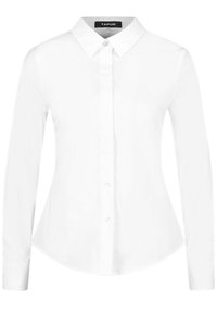Weißes Langarmshirt mit spitzem Kragen, Knopfleiste und abgerundetem Saum. Hergestellt aus glattem Stoff mit einem schlichten Design.