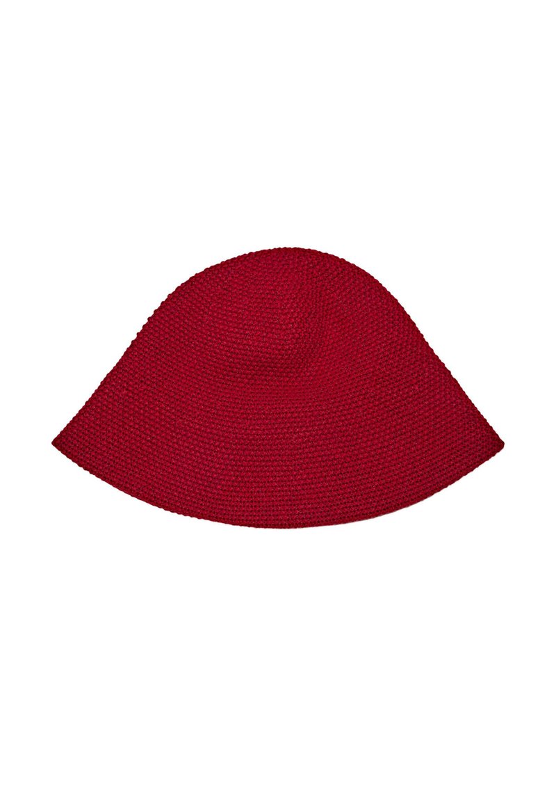 Red woven hat with a floppy design, rounded top, and wide brim. Made from textured material, showcasing a seamless and smooth finish.