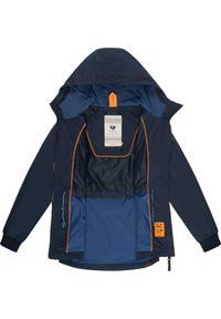 Tamsiai mėlynas švarkas su oranžiniais akcentais, su kapišonu, tinklelio pamušalu ir keliais kišenėmis. Vidinėje medžiagoje yra tekstūruotas raštas.