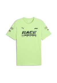 Limegrøn T-shirt med korte ærmer, der har en sort "RACE" grafik samt forskellige logoer på forsiden og ærmerne. Lavet af letvægtsmateriale.