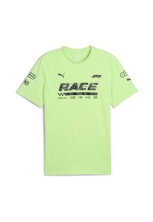 Limetková zelená tričko s krátkym rukávom, na prednej strane a na rukávoch s čiernym grafickým nápisom "RACE" a rôznymi logami. Vyrobené z ľahkého materiálu.