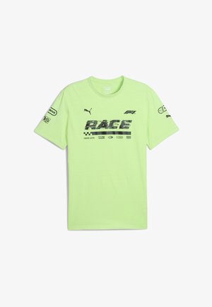 Limonkowa koszulka z krótkim rękawem, z czarnym nadrukiem "RACE" oraz różnymi logo z przodu i na rękawach. Wykonana z lekkiego materiału.