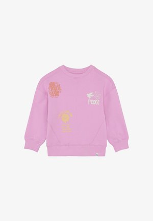 Lyserød sweatshirt med afslappet pasform, der har blomster- og fredsgrafik i orange og hvid. Ribstrikkede ærme- og bundkanter for komfort.
