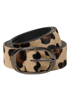 Ceinture roulée imprimé léopard avec une surface texturée effet fourrure et boucle ovale en métal finition argent antique.