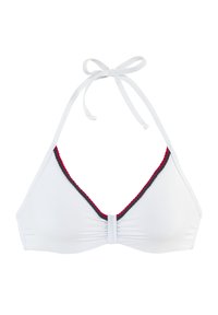 White bikini top with a triangular shape, featuring red and navy blue decorative stitching along the edges. Ties at the neck for adjustable fit.