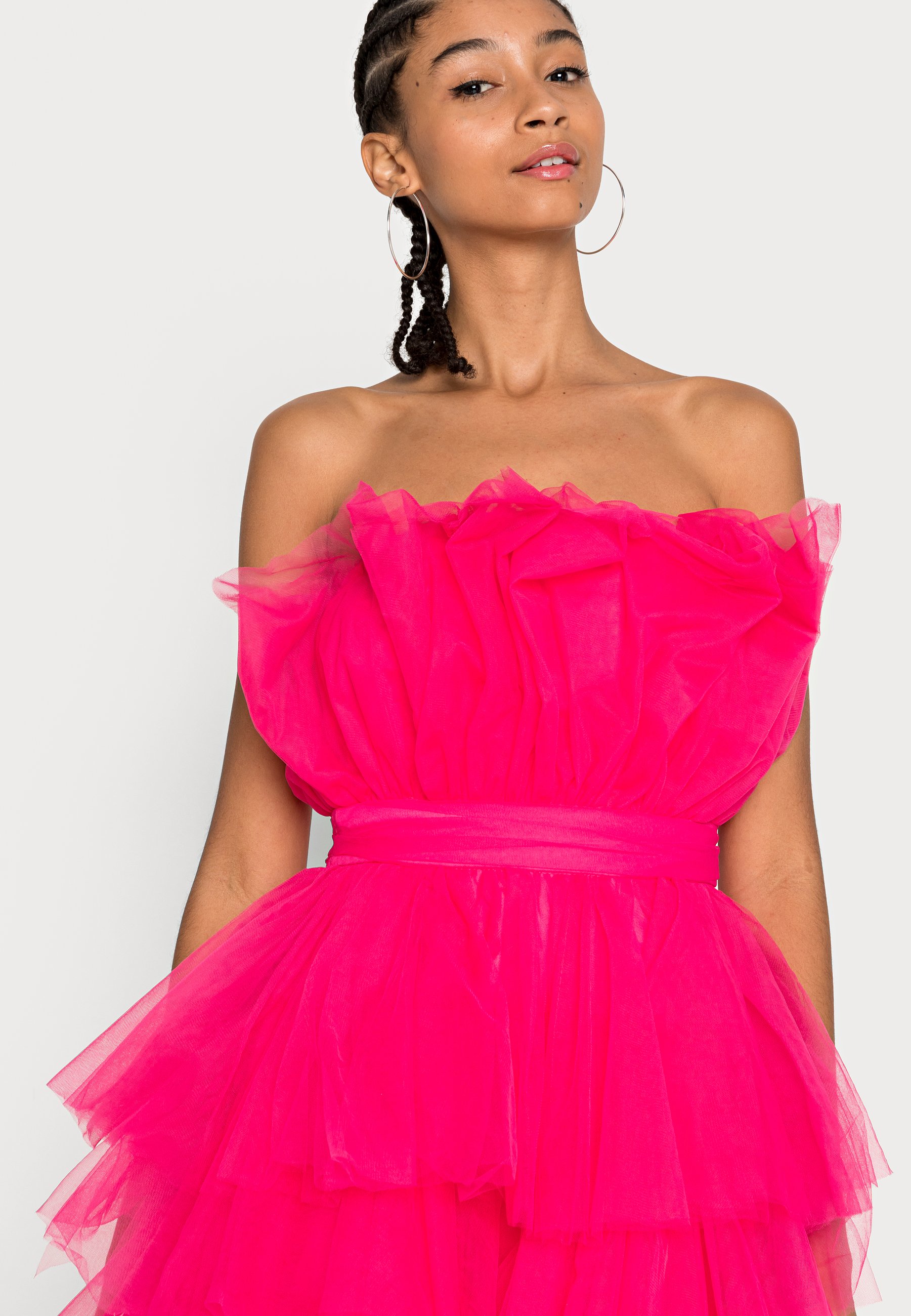 pink ruffle strapless dress