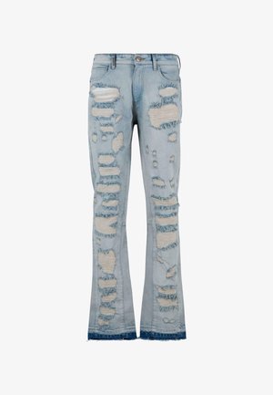 Heledad sinine denimist flared teksad, millel on silmatorkavad rebenemised ja kulunud servad, klassikalise viie tasku disainiga ja metallist nööpklõpsuga.