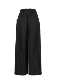 Black wide-leg pants with an elastic waistband, made from textured fabric, featuring side pockets and a flowing design.