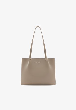 Taupe leather tote bag with a textured finish, featuring two shoulder straps and small decorative studs. Minimalist design and logo detail.