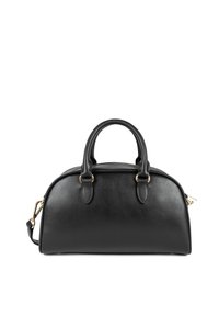 Sac à main en cuir noir de forme arrondie, avec des doubles anses supérieures, des accents en métal doré et une fermeture zippée en haut.