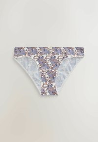 Culotte de bikini pour femme avec un motif floral cachemire bleu et marron et un petit nœud crème au centre de la ceinture.