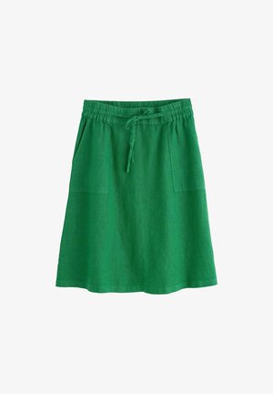 Grüne Leinenrock mit einem elastischen Bund, verstellbarem Kordelzug und zwei vorderen Taschen. Die A-Linien-Form und die glatte Textur zeichnen ihn aus.