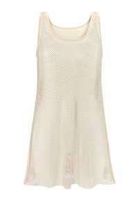 Light beige sleeveless top with a mesh design, featuring a scooped neckline and an A-line shape, allowing for airflow and comfort.