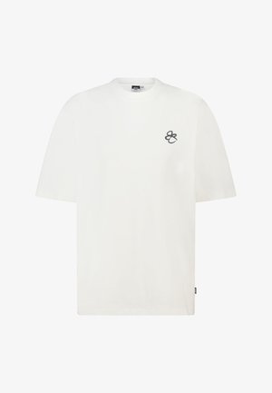 Weißes Baumwoll-T-Shirt mit kurzen Ärmeln und Rundhalsausschnitt. Auf der Brust befindet sich ein kleines schwarzes Logo. Gerader Schnitt ohne zusätzliche Muster.