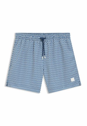 Costume da bagno con motivo a rombi blu e bianchi, con vita elastica e coulisse blu navy su sfondo bianco.