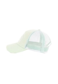 Hellgrübe Kappe mit einer strukturierten Stofffront und einem weißen Netzrücken. Gebogener Schirm, verstellbarer Riemen und ein kreisförmiges Logo-Detail auf der Vorderseite.