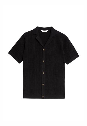 Zwarte korte mouwen shirt met een gestructureerd ruitpatroon, voorzien van een ingesneden kraag en vijf ronde knopen aan de voorkant.