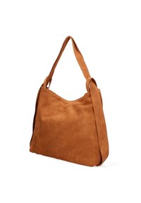 Borsa a spalla in suede marrone con una forma morbida e non strutturata. Caratterizzata da una larga tracolla e un design superiore senza cuciture per un facile accesso.