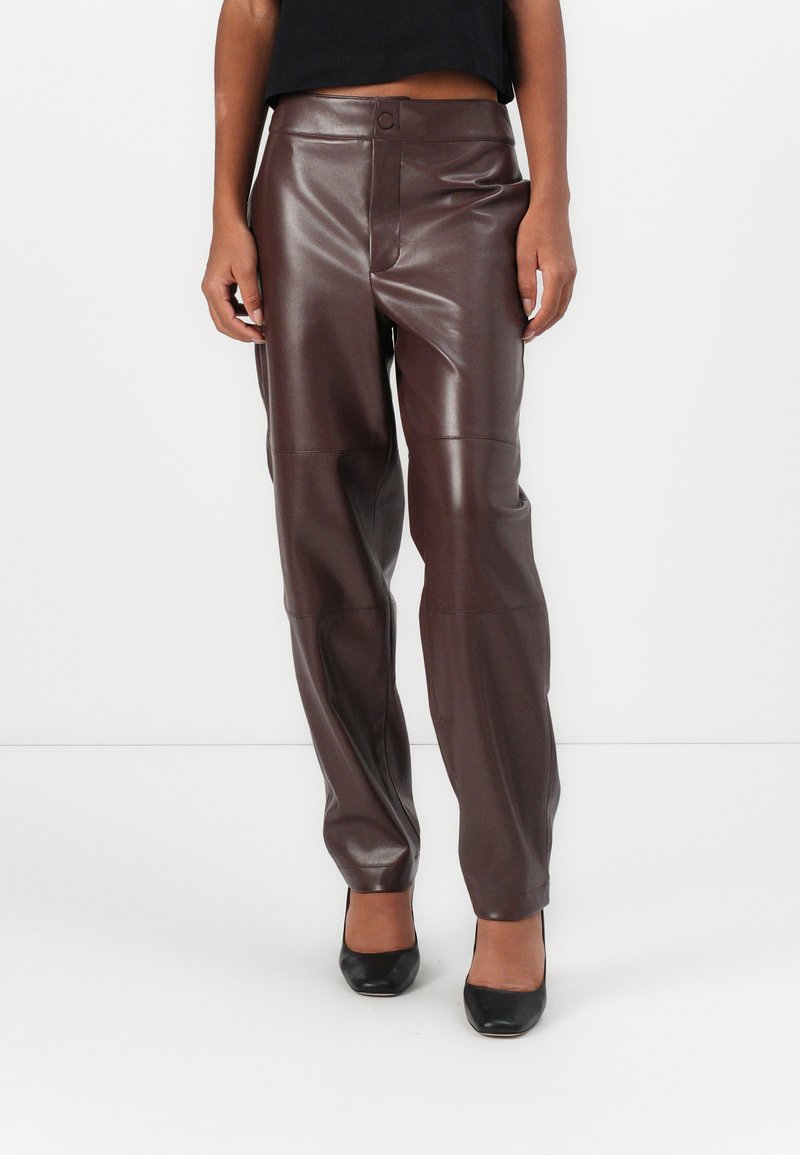 Brown faux leather trousers with a fitted waist, front button closure, and straight-leg design. Smooth texture and tailored silhouette.