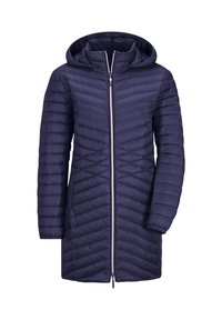 Marine blauwe pufferjas met capuchon, voorzien van een volledige ritssluiting aan de voorkant, lange mouwen en een chevron-quiltpatroon voor isolatie.
