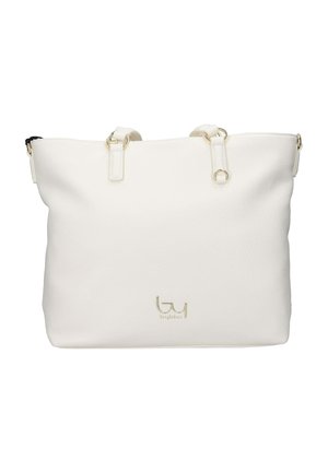 Borsa tote in pelle bianca con due manici corti, dettagli in oro e piccolo logo "byblos" dorato al centro davanti.